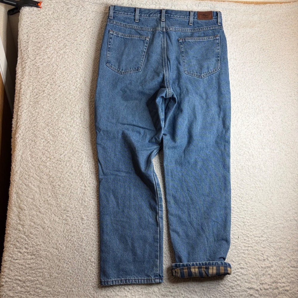 LL Bean Classic Fit Flannel Lined Jeans Blue Denim Plaid 36x30 100220